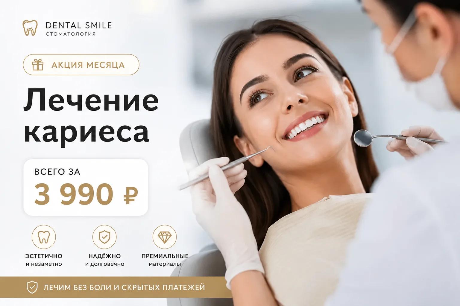 Лечение кариеса 3 990 ₽ — акция, срок ограничен; «Дентал Смайл», Казань