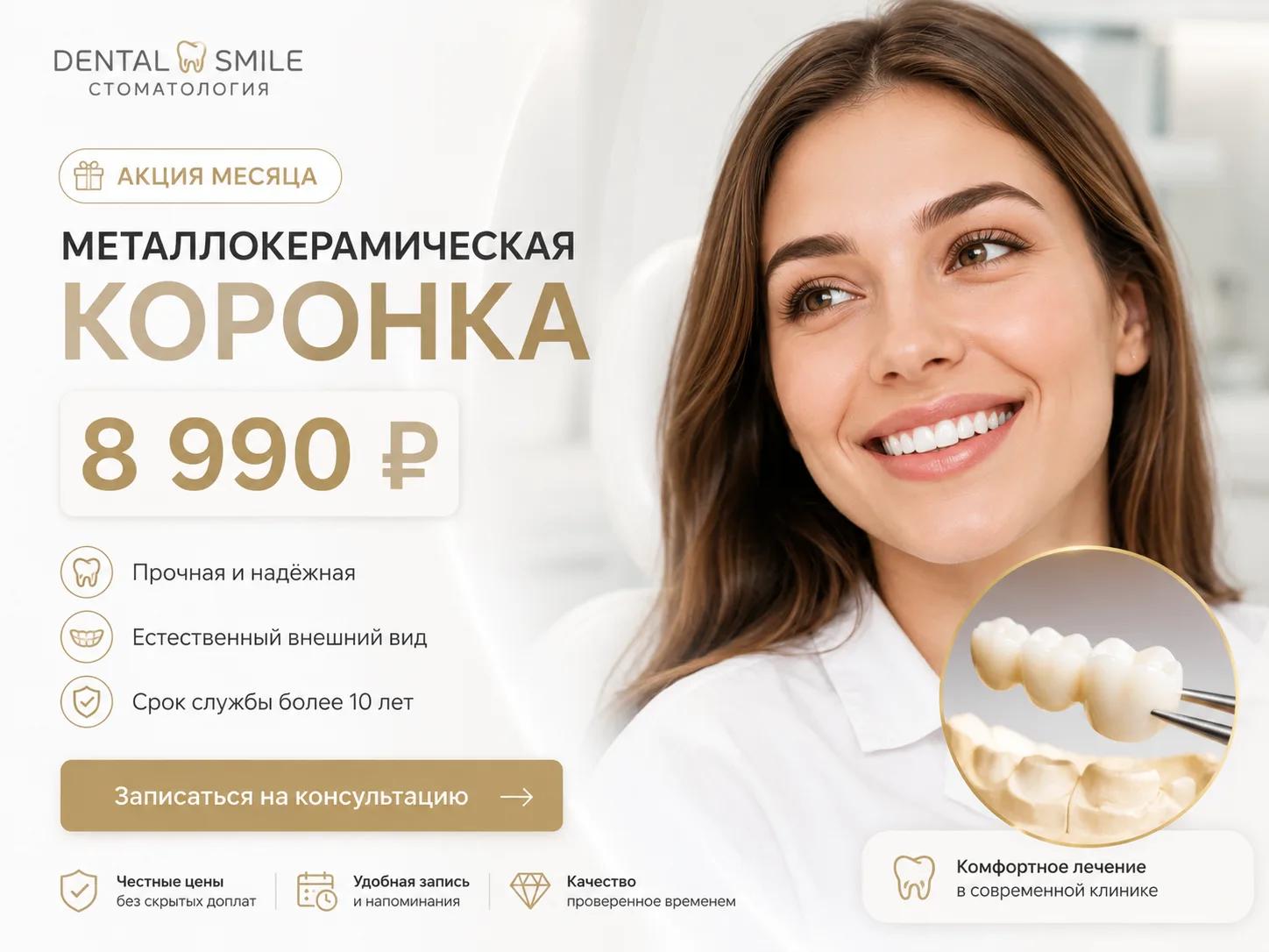 Металлокерамическая коронка 8 990 ₽ — акция, срок ограничен; «Дентал Смайл», Казань